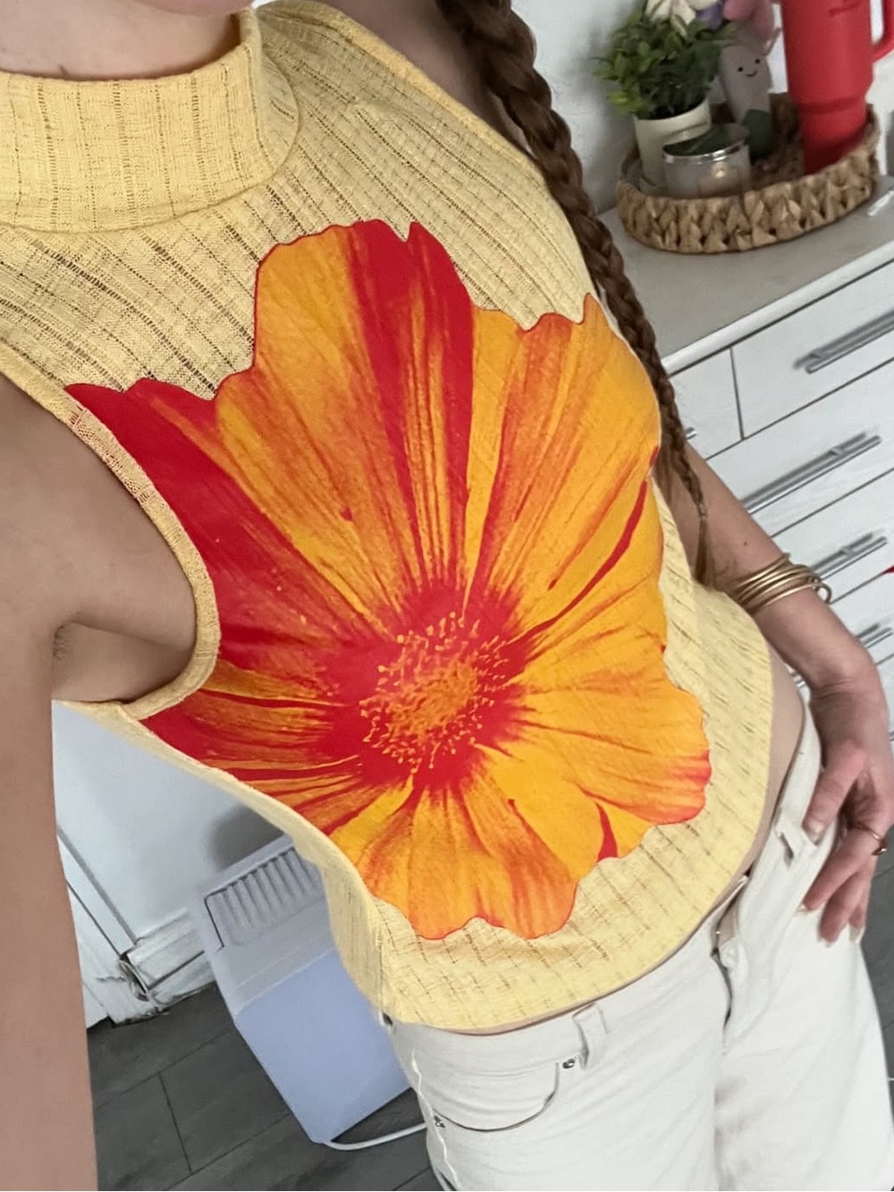 Yellow Sleeveless Rib Knit Tank with Bold Orange Floral Print